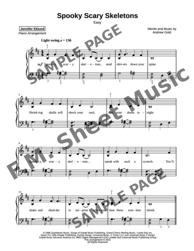 Spooky Scary Skeletons (Easy Piano) By Andrew Gold F M Sheet Music